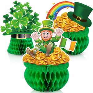 Blulu 3 Pieces St Patrick Honeycomb Decoration, Cute PotOGold Centerpiece Shamrock Leprechaun Tissue Irish Clover Paper Table Topper for Saint Patrick Party Accessory 7.878.6 inch