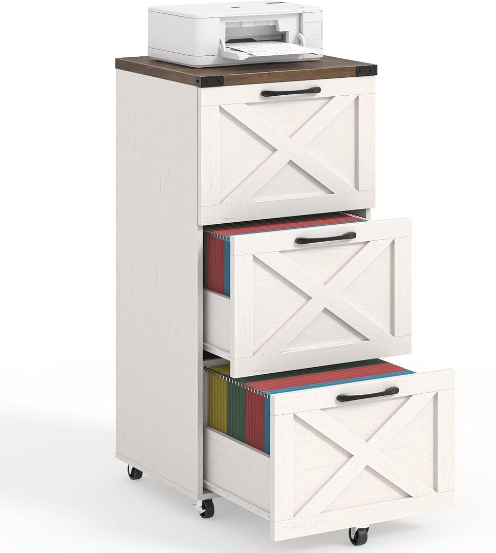 Halitaa 3 Drawers Tall Farmhouse File Cabinet with Wheels, Rustic White | Halitaa Vertical Filing Cabinet Fits Letter/A4 Size, Rolling File Cabinet Wooden Printer Stand for Home Office, 15.75"D x 15.75"W x 38.43"H