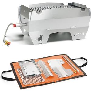 SKOTTI Grill - Portable Gas/Wood/Charcoal Grill, 8500 BTU, 6.6 lbs only, fully collapsible, Stainless Steel