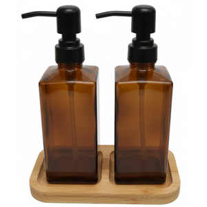 Modern soap Dispenser Set with Bamboo Base. Glass soap Dispenser with Stainless Steel Pump, Perfect for Kitchen Decor and Accessories. (Amber 2pack)