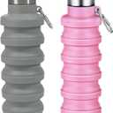 Collapsible Water Bottles, 16oz Capacity Portable Reusable Silicone Water Bottle, Leak-proof, with buckle, foldable storage, Lightweight Durable for Fitness, Cycling, Sports, Camping, Hiking (Grey+Pink)