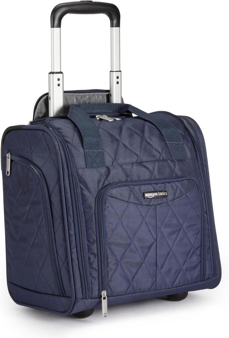 Amazon Basics Underseat Carry On Luggage with Wheels - 14" Rolling Travel Bag, Navy Quilted