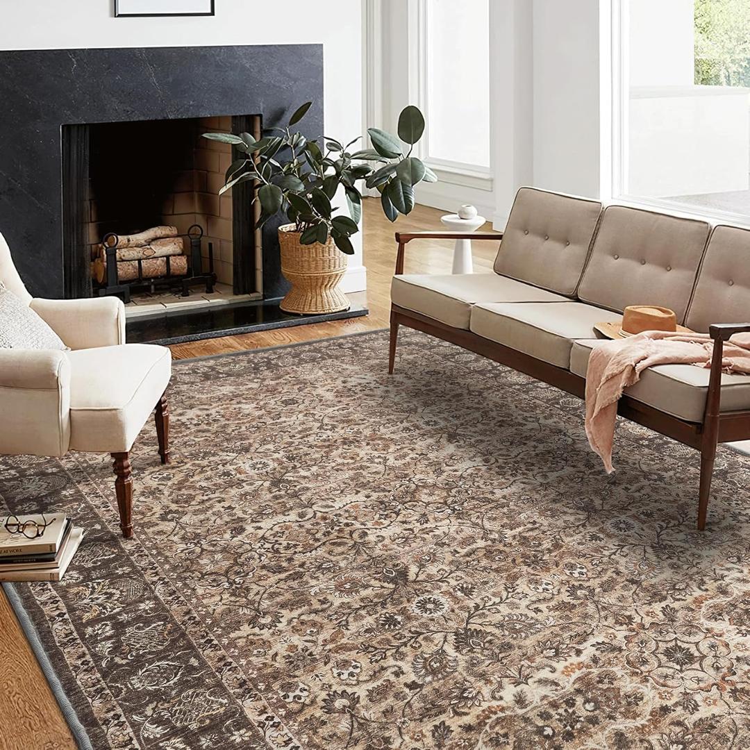 RYB HOME Machine Washable Area Rug 5x8 for Living Room, Floral Pattern Vintage Boho Rug for Bedroom, Soft Faux Wool Stain Resistant Carpet for Dining Room Office Guest Room, 5x8 ft, Brown