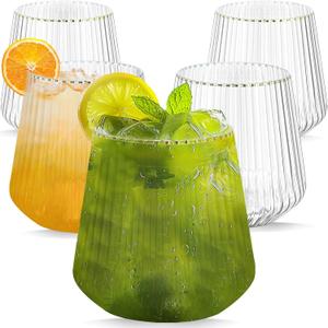 OTOB 40 Pack Stemless Plastic Wine Glasses 14 OZ Origami Ripple Unbreakable Wine Cups, Reusable Disposable Whiskey Champagne Glass, Shatterproof Cocktail Cups for Home Party Wedding Bar, Gold Rim