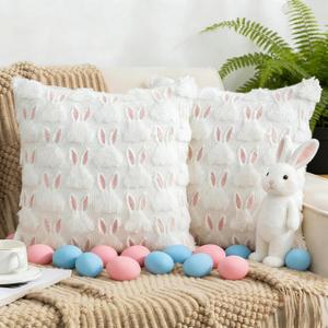 Cute Pink White Rabbit Pillow Covers Set of 2, Easter Throw Pillow Covers, 3D Bunny Soft Plush Faux Fur Couch Pillow Cover, Spring Decorative Pillow Cover, Easter Cushion Case for Sofa Couch Decor