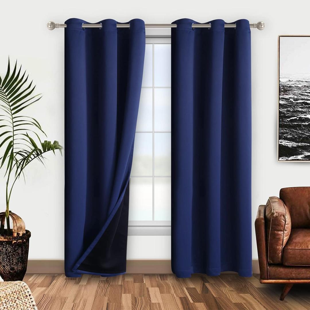 WONTEX 100% Thermal Blackout Curtains for Bedroom - Winter Insulating Window Curtain Panels, Noise Reducing and Sun Blocking Lined Grommet Curtains for Living Room, Navy Blue, 42 x 72 inch, 2 Panels