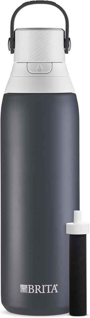 Brita Insulated Filtered Water Bottle with Straw, Reusable, Christmas Gift and Stocking Stuffer For Men and Women, Stainless Steel Metal, Carbon, 20 Ounce