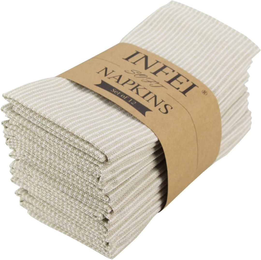 Narrow Striped Cotton Linen Blended Dinner Cloth Napkins - Set of 12 (40 x 40 cm) - for Events & Home Use (Beige)