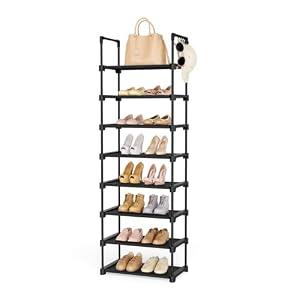 LANTEFUL Tall Shoe Rack 8 Tiers, 16-20 Pairs Shoe and Boots Organizer Storage Sturdy Shoe Shelf, Narrow Vertical Shoe Rack for Entryway, Closet, Metal Shoe Organizer with 5 Hooks