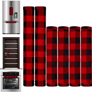 Boao 6 Pieces Christmas Refrigerator Cover Cabinet Door Handle Covers Thick Plaid Kitchen Appliance Covers Handle Protector for Christmas Decorations Microwave(Black and Red, Buffalo Plaid)