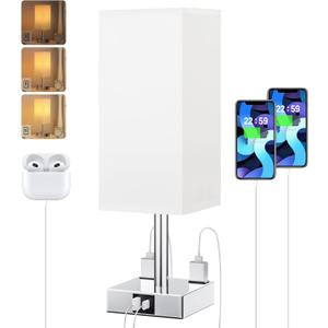 Touch Bedside Table Lamp for Nightstand - 3-Way Dimmable Night Lamp with USB A + Type C Charging Ports and Two AC Outlets, Small Desk Light with E26 LED Bulb for Bedroom Living Room Dorm Office,White