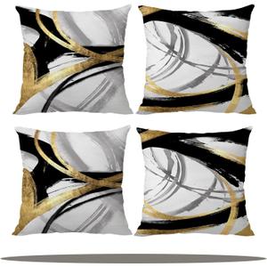 Black White and Gold Pillow Covers, 18 x 18 Inch Set of 4, Abstract Black and Gold Pillow Covers, Modern Boho Home Decor, Decorative Throw Pillows for Couch Living Room Bedroom