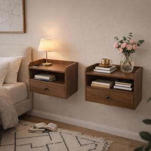 Floating Nightstand Set of 2, Wall Mounted Bedside Tables with Drawer, Open Shelf and Raised Edges, 15.8 Inch Wide, Engineered Wood, Rustic Walnut Finish