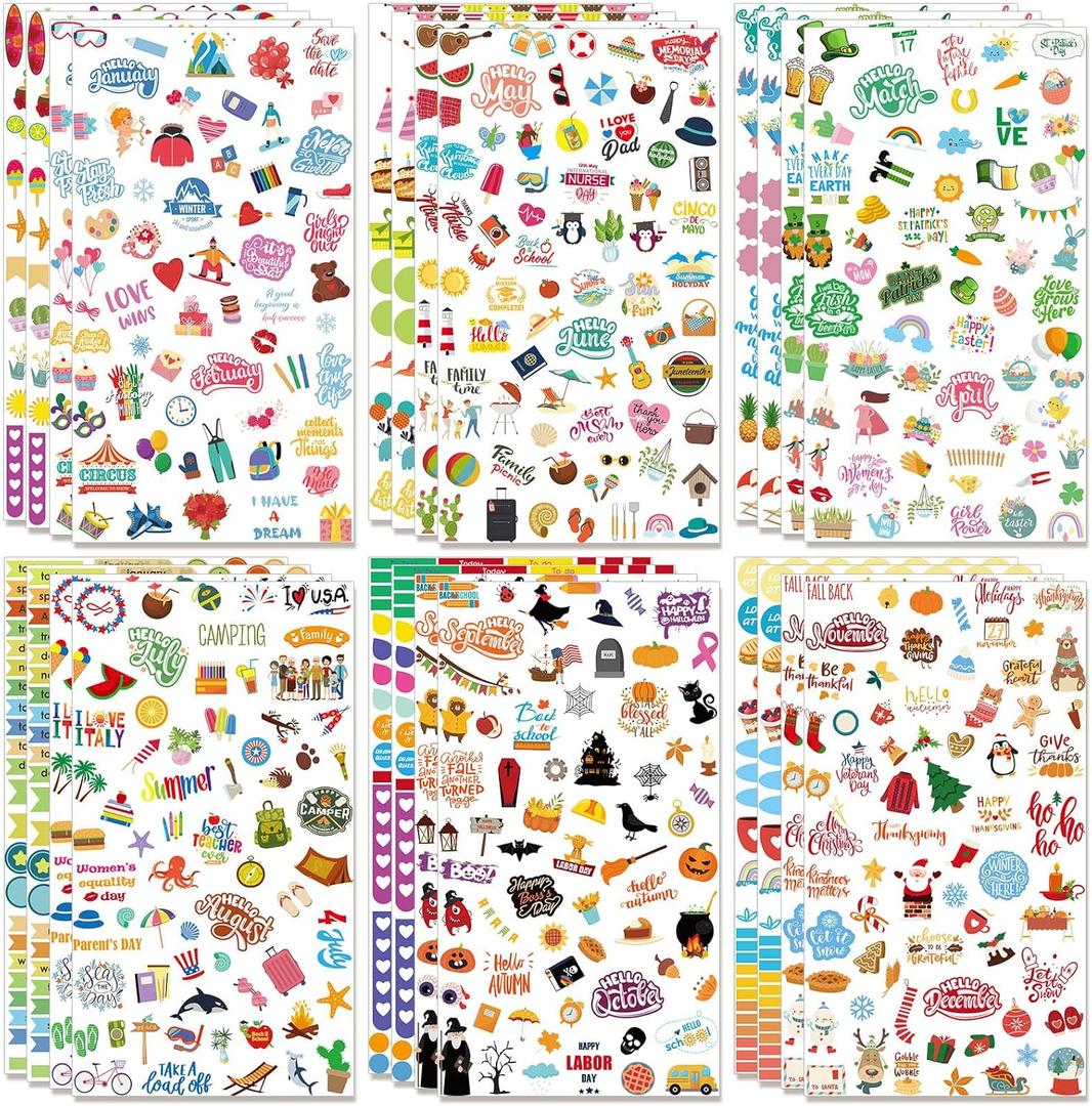 24 Sheets 1700+ Planner Holiday Seasonal Stickers Cute Planner Daily Sticker Pack Calendar Scrapbooking Supplies for Decorating Planning Scrapbooking, 12 Style