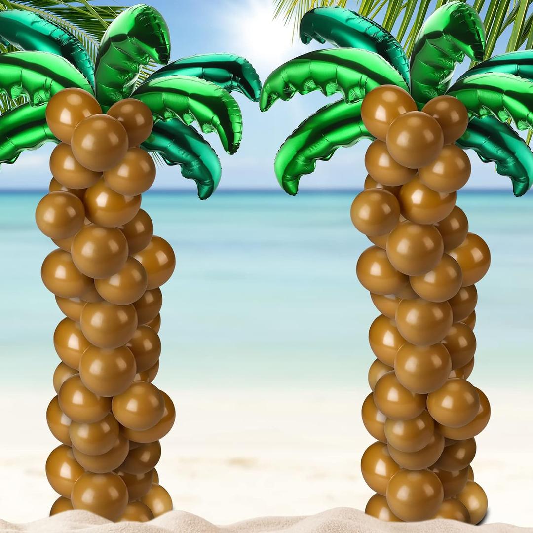 100 Pcs Palm Tree Leaves Balloons Coconut Balloons Set 10 Foil Green Coconut Tree Leaves Balloon 90 Brown Latex for Hawaii Luau Tropical Party Birthday Baby Shower (Stylish Color)
