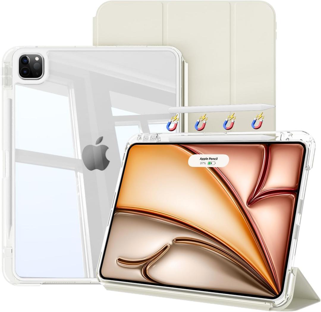 kenke Hybrid Case for iPad Air 13 Inch M3/M2 (2025/2024), Pro 12.9 Inch (6th/5th Generation, 2022/2021) with Pencil Holder, 2 in 1 Detachable Cover with Clear Hard Back, Auto Sleep/Wake, Cream White