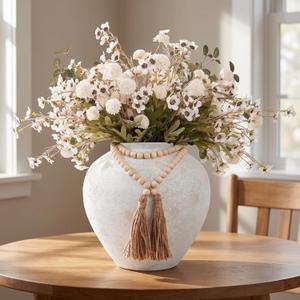 22" H Faux Silk Mums Flower Arrangements in Round White Vase Home Decor,22Pcs Fake Mums Eucalyptus Wild Flowers Floral With Extra Large Rustic Vase Dining Table Centerpiece Decor (White Large Round)