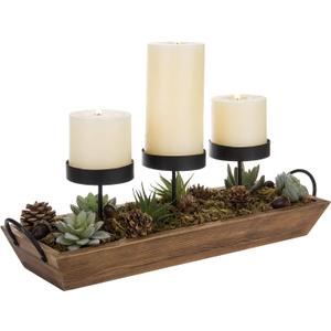 MyGift 3-Pillar Black Metal Candle Holder with Rustic Wood Tray and Handles, Tabletop/Mantel Centerpiece