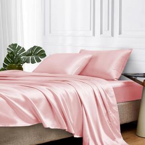 MR&HM Satin Bed Sheets, Queen Size Sheets Set, 4 Pcs Silky Bedding Set with 15 Inches Deep Pocket for Mattress (Queen, Light Pink)