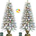 2 Pack 4 Ft Snow Flocked Christmas Entrance Tree in Pot Base with Timer 8 Mode 60 Warm White and Colorful Change Lights 12 Pine Cone Battery Operated for Porch Front Door Entryway Home