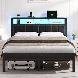 OLEVS Queen Size Bed Frame with LED Lights & Charging Station, Modern Platform Bed with 2-Tier Storage Headboard, No Box Spring Needed, Noise Free