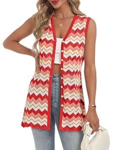 Women's Swimwear Cover Ups V Neck Button Down Sweater Vest Fashion 2025 Sleeveless Striped Cardigans (Medium, Pink)