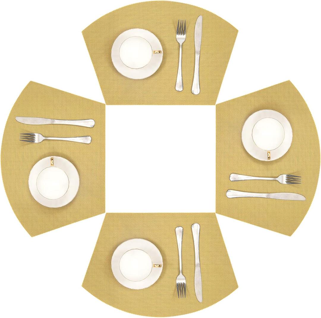 SHACOS Round Table Placemats Wedge Placemat Set of 4 Non Slip Heat Resistant Woven Vinyl Metallic Golden Table Mats Wipe Clean Indoor Outdoor (4, Gold)