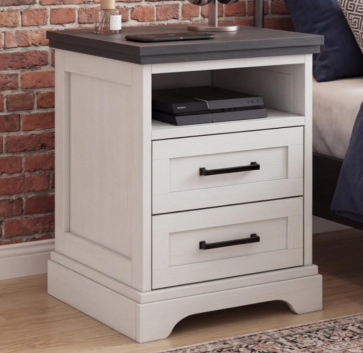 DUMOS Farmhouse Nightstand with Charging Station & USB Ports, 2-Drawer