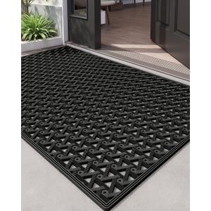 DEXI Front Door Mat Outside Entrance Rubber 32x48, Welcome Floor Doormat Heavy Duty Non Slip, Dirt Trapper Waterproof Exterior Entry Mats All Weather for Patio Entryway Drainage, Black