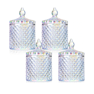 Aoriher 4 Pcs Crystal Glass Candy Jar Set with Lids Home Decorative Storage Jars for Apothecary, Bathroom, Kitchen, and Pantry, Ideal for Cotton Swabs and Jewelry(Medium,Rainbow)
