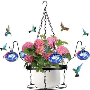 Hand Blown Glass Hummingbird Feeders for Outdoors with Hanging Planter(11 inch),Metal Hanging Plant Holder and Glass Hummingbird Feeder 2-in-1(POTS NOT Included) (Dotted Blue)
