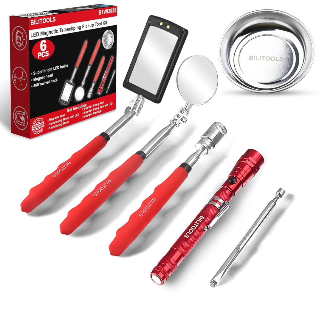 BILITOOLS 6 Piece Telescoping Magnetic Pickup Tool Set, Extendable Mechanic Magnet Retrieval Tool Set Ideal Father's Day Gifts Gift for Men Dad Husband & Brother