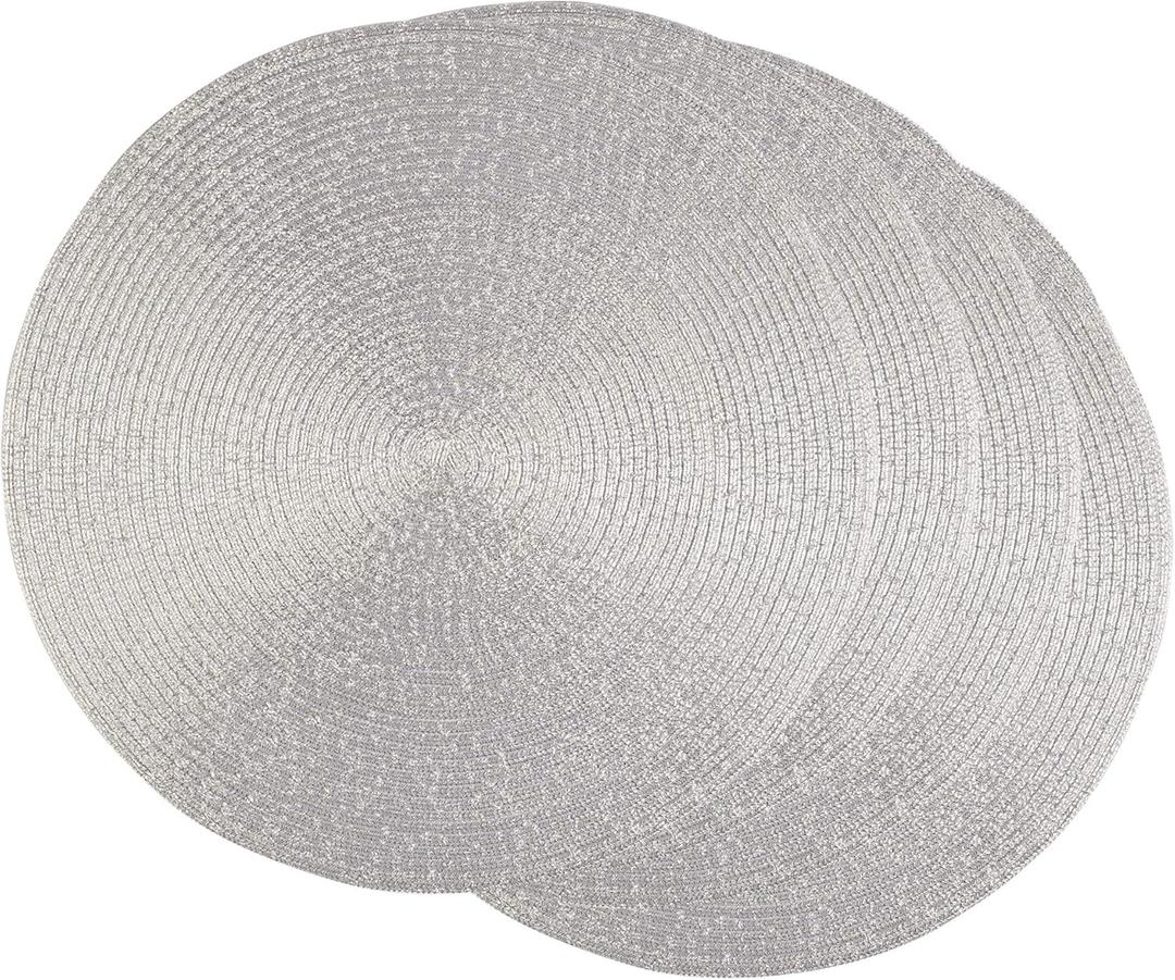 DII Woven Placemats Collection Metallic Round Placemat Set, 15", Platinum Silver, 4 Piece