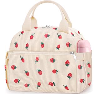 Lunch Box for Women, Cute Strawberry Corduroy Insulated Lunch Bag Women Reusable Work Leakproof Simple Adults Large Lunch Boxes Tote Bag Men Cooler Bag (Medium - 10L)