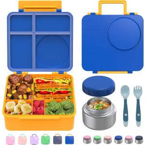 Bento Box for Kids - Leak-Proof Bento Lunch Box with Insulated Thermos Food Jar - 4 Compartments, 1 Removable Divider, 1Spoon, 1 Fork - Dishwasher Safe, BPA-Free (Blue)