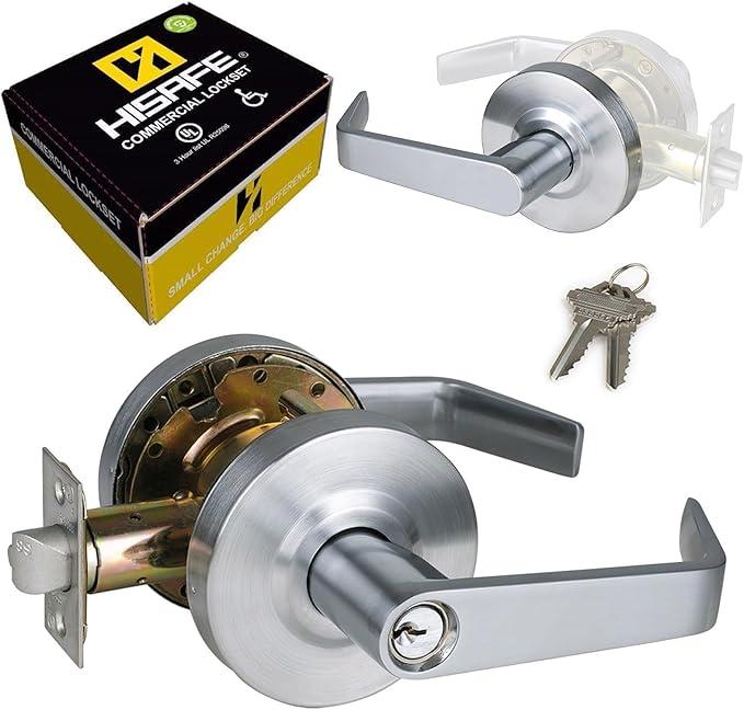 HISAFE Storeroom Door Handle Heavy Duty Grade 2 Commercial Door Locks, NonHanded, UL 3 Hour Fire Rated, ADA Compliant, Satin Chrome Finish 26D, 23/4''Backset, XXGST70