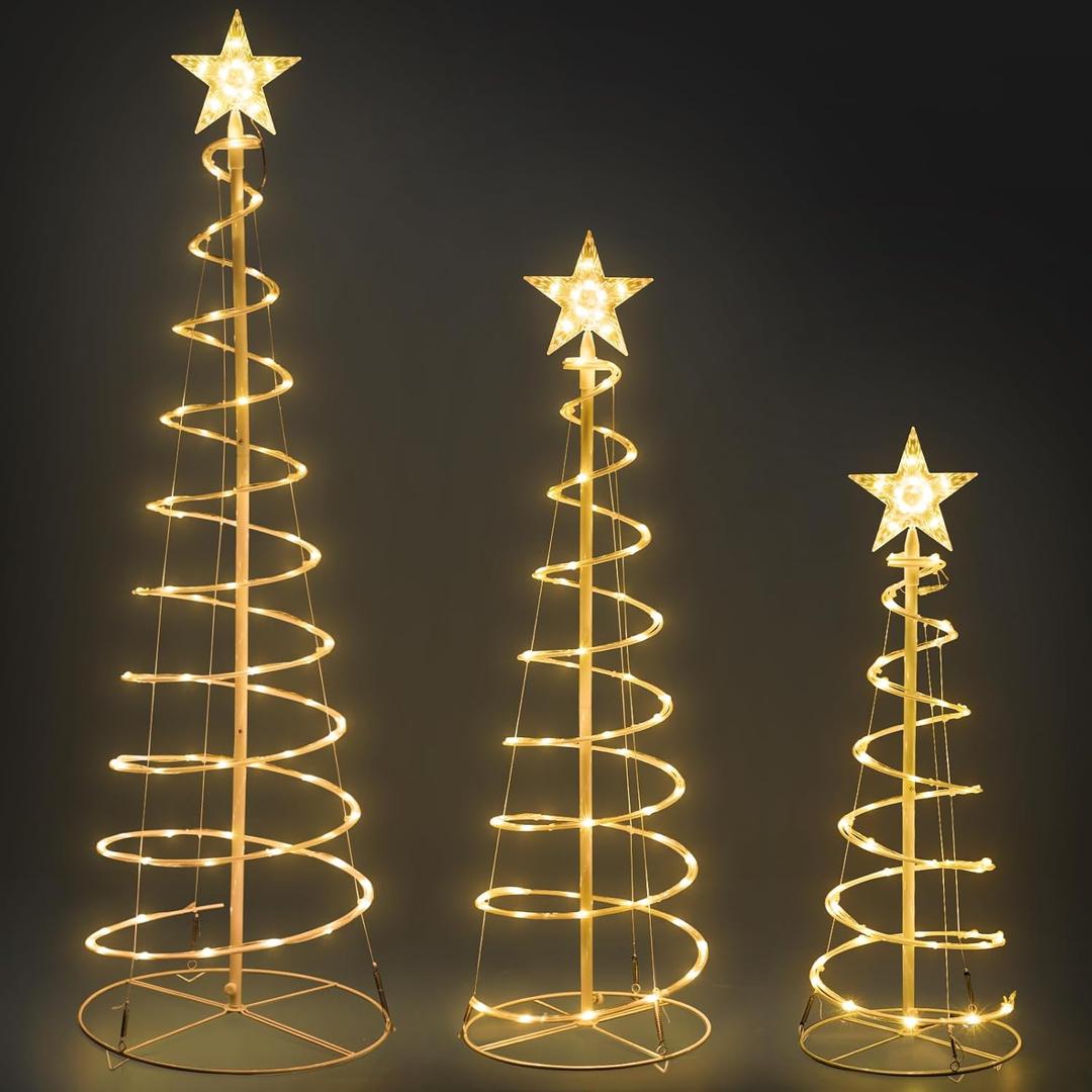 Set of 3 Christmas Decoration Outdoor Spiral Tree, 3/4/5 FT 240 LED Xmas Collapsible Tree Lighted 3D Lights Holiday Display Decorative for Indoor Outdoor Xmas Patio Wedding Decor(Warm White)