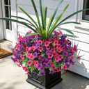 INSPRING Artificial Flowers for Outdoors, UV Resistant 12 Bundles Silk Flower Daisy with Eucalyptus + Orchid Leaf, Realistic Faux Outdoor Flowers for Porch Planter Garden Patio Boxwood, Purple Pink