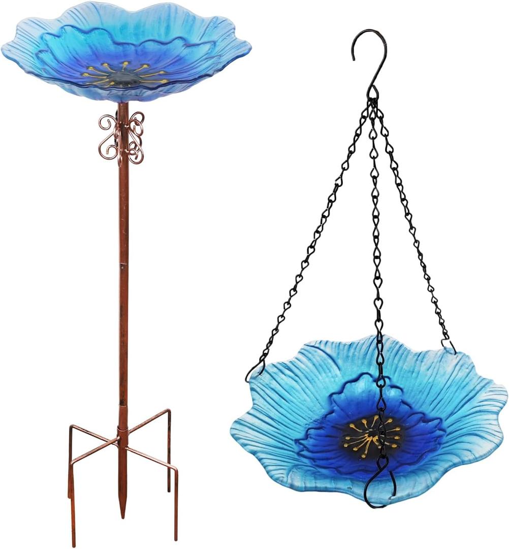 2 in 1 Floral Glass Bird Bath & Feeder - Hanging or Freestanding Outdoor Bird Bath with Sturdy 5-Pronged Base for Garden, Patio, Yard, Lawn Decor