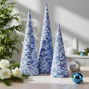 3 Set 14" 12" 10" Blue and White Christmas Tree Decor Chinoiserie Christmas Tree Table Decor Large Cone Porcelain Xmas Trees for Holiday Wedding Party Mantle Table Centerpiece Home Indoor Outdoor
