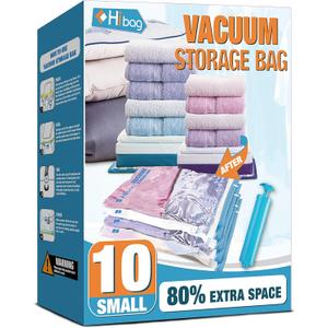 Vacuum Storage Bags, 10 Small Space Saver Vacuum Seal Bags, Space Bags, Vacuum Sealer Bags for Clothes with Travel Hand Pump (10S)