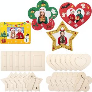 24 Pcs Large DIY Wooden Picture Frames Bulk for Crafts Variety of Shapes Unfinished Standing Photo Frames for 3 x 4 in Photos DIY Crafts Wood Decor for Painting Wedding Birthday Party Gifts
