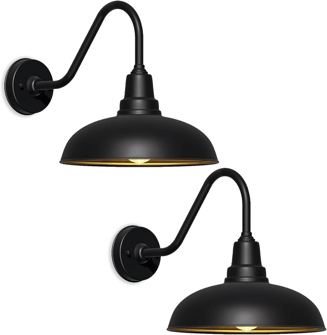 14" Large Outdoor Barn Lights  Black Industrial Gooseneck Wall Fixtures for Porch, Garage, or Farmhouse Exterior  Waterproof and Rustproof Design  2 Pack