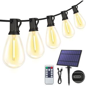 25FT Solar String Lights with Remote, 3 Lighting Mode Outdoor Waterproof Dimmable Patio Lights String with 10+1 Shatterproof S11 LED Bulbs for Backyard-Black