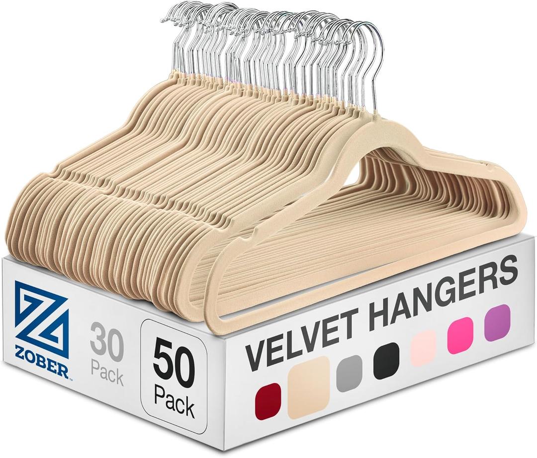 Zober Velvet Hangers 50 Pack - Ivory for Coats, Pants & Dress Clothes - Non Slip w/ 360 Degree Swivel, Holds up to 10 lbs - Strong Felt Hangers for Clothing