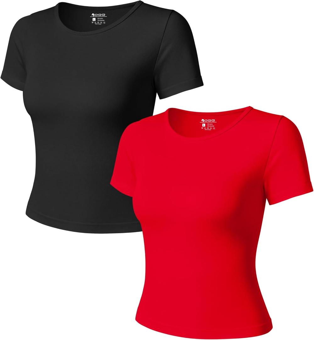 OQQ Women Short Sleeve 2 Piece T-Shirts Crew Neck Fitted Basic Tee 2025 Summer Crop Top Black Red, Large