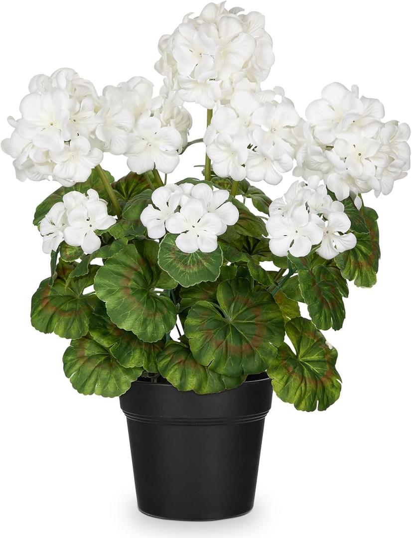 Briful Artificial Geranium Potted Plant  16 Tall, Realistic Silk Flowers with Vibrant Green Leaves, White Geraniums Fake Flowers for Outdoors Home Dcor, Wedding Farmhouse Office Tables Decor