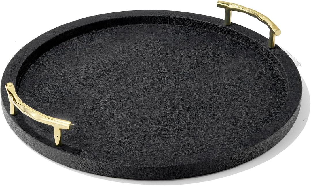 American Atelier Round Serving Tray- Large Decorative Platter w/Carry Handles in Gorgeous Leatherette Finish Perfect for Food, Drinks, Ottoman or Centerpiece, Gray/Green, 1630071, 17'' 2