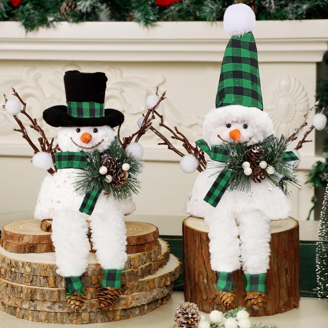 Lulu Home Christmas Snowman Decorations, Set of 2 Plush Shelf Sitters with Dangling Legs, Black & Green Checked Snowman Ornaments for Table Mantel Desk Fireplace Home Holiday Decor