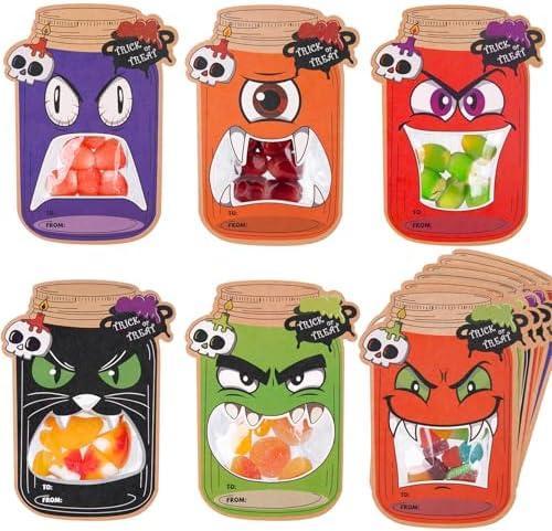 Wakeys 60-Pack Halloween Treat Bags, Halloween Candy Bags Cards Complete 6 Design DIY Crafts Party Favors for Kids, Trick or Treat Classroom Exchange, Spooky Goodie Bags (Candy Not Included)